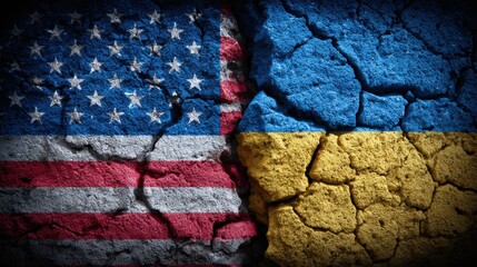Flags of the United States and Ukraine represented on cracked concrete in a symbolic display of unity and support for each other