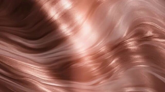Stunning abstract background features flowing waves of shimmering rose gold metallic liquid texture