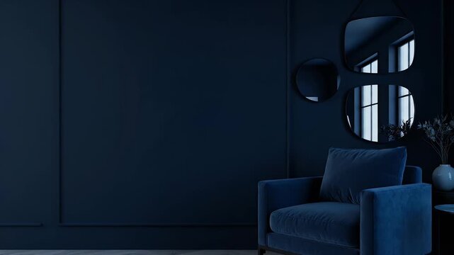Modern Dark Blue Living Room with Armchair and Mirror Decor.