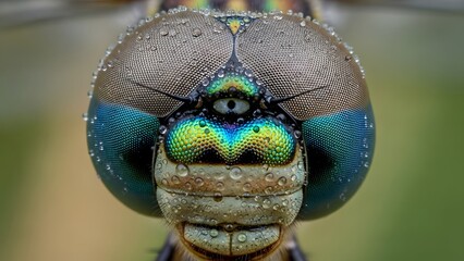Extreme macro detail of a dragonfly head with iridescent compound eyes and morning dew.
