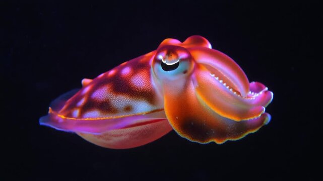 A vibrant flamboyant cuttlefish with striking red, orange, and purple patterns against a dark background.