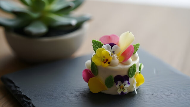 Gourmet Mini Cake Decorated with Edible Pansy Flowers and Cream on Dark Slate Plate. Luxury Petit Four Dessert.