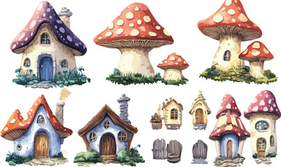 A festive gingerbread house vector illustration featuring a snow-covered roof and mushrooms set in a winter Christmas scene with a decorated tree and holiday gifts