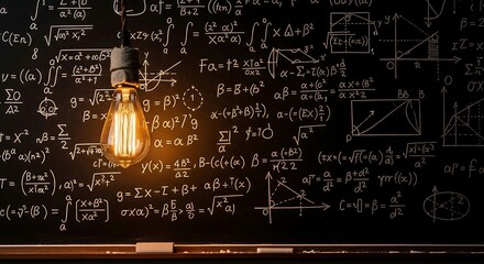 Illumination of Insight: A bright light bulb radiates warmth against a backdrop of complex mathematical equations, symbolizing the power of ideas and the pursuit of knowledge.