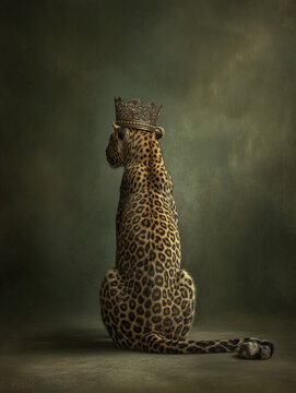 Regal Leopard Wearing Gold Crown Sitting Backwards on Dark Green Textured Background
