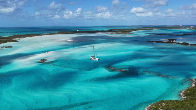Exuma Skyline In Exuma Islands Black Point Bahamas. Aerial View Of Stunning Beach With Crystal Clear Waters. Shore Sky Beach Sea. Seaside Panoramic. Exuma Islands Black Point.