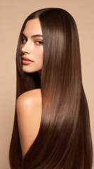 Fototapeta premium Beautiful Woman with Long Straight Shiny Brunette Hair and Natural Makeup Portrait