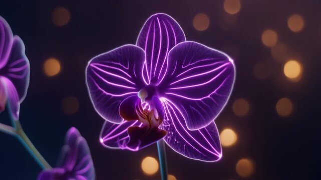 A glowing purple orchid flower with neon lines against a dark background with bokeh lights.