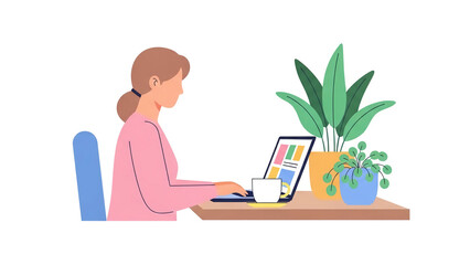 Productive young woman working on her laptop at a wooden desk with plants and a cup. Illustrating remote work, home office, or distance learning