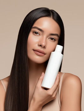 Beautiful Young Woman with Long Hair Holding White Cosmetic Bottle on Beige Background