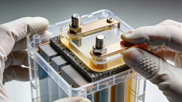 A compact battery energy storage science lab clean technology innovation research engineer gloved hand metal terminal transparent case fuel cell stack assembly renewable energy clean power hydrogen