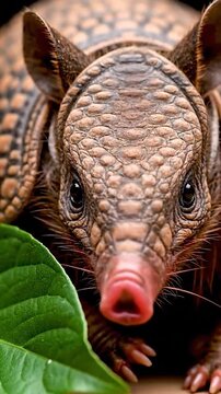 Close-up of a three-banded armadillo with textured scales, pink snout, and leaf