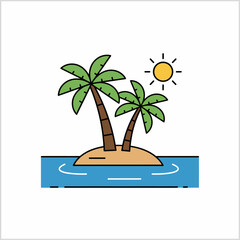 Obraz premium Flat design illustration of a tropical island with two palm trees in blue water under a bright yellow sun.