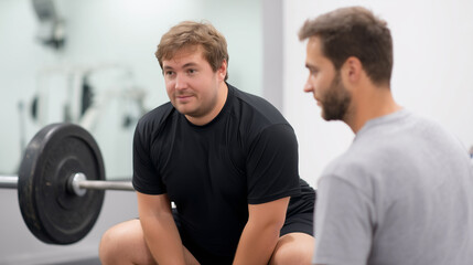 Overweight man gym workout motivation personal trainer support fitness coaching determination