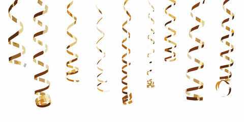 Golden metallic streamers cascading down against a clean white background © Milton