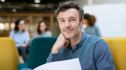 Obraz premium Thoughtful businessman casual office holding document relaxed pose confident expression creative workspace modern interior