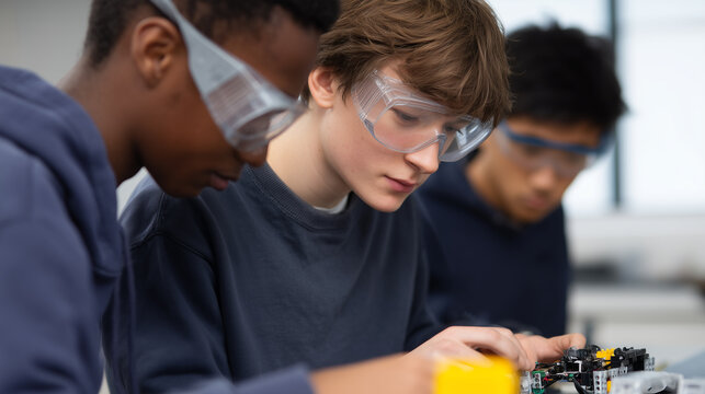 Teen robot technology teamwork laboratory student focused teenager building robot with classmates bright science laboratory