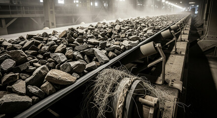Conveyor belt breaks in middle while transporting rocks at a mining site during operational hours