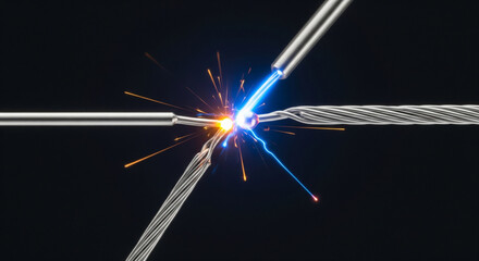 Welding process at Platinum Junction shows wires fusing during micro welding with sparks and arcs in motion