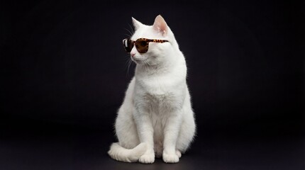 Stylish white cat wearing tortoiseshell sunglasses sitting against a solid black background. Minimalist and humorous studio portrait of a cool feline.