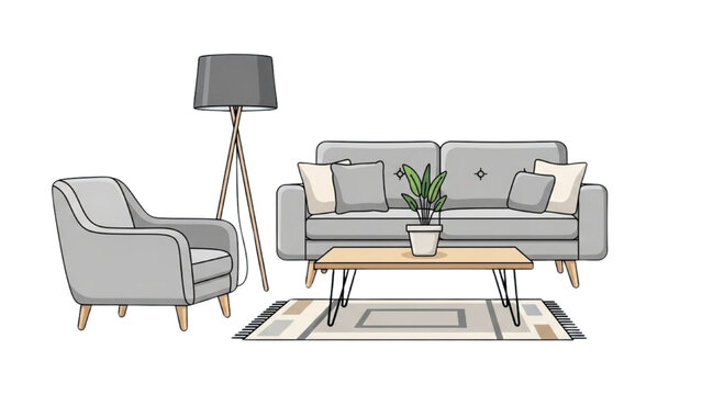 A modern living room setup featuring a gray sofa, armchair, and coffee table on a patterned rug