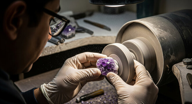 Watching as the diamond wheel spins to cut and polish the amethyst in Jordan - Powered by Adobe
