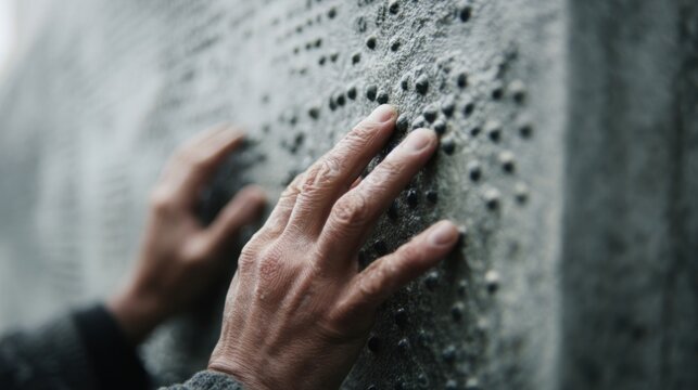 Hands touching Braille on a monument dedicated to accessibility and equality