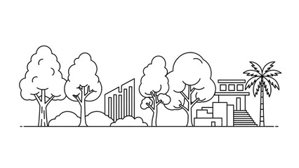 Modern buildings surrounded by trees in a serene landscape viewed from a distance