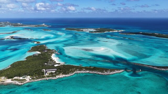 Exuma Skyline In Exuma Black Point Bahamas. Aerial View Of Stunning Beach With Crystal Clear Waters. Paradise Skyline Recreation Stunning. Paradise Waterfront Shore. Exuma Black Point.