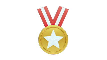 Gold Medal with Star and Red Ribbon on White Background