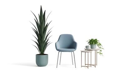 Fototapeta premium Modern minimalist interior decor with chair side table and potted plants on white background