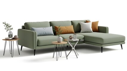Modern living room furniture gray sectional sofa with pillows and coffee tables