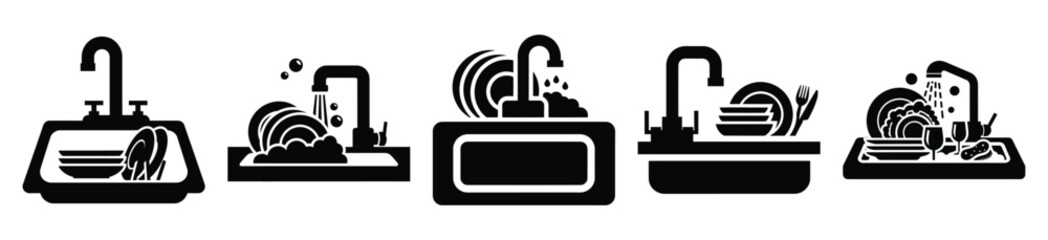 Collection of  sink washing dishes silhouette icon set. cooking vector icons illustration