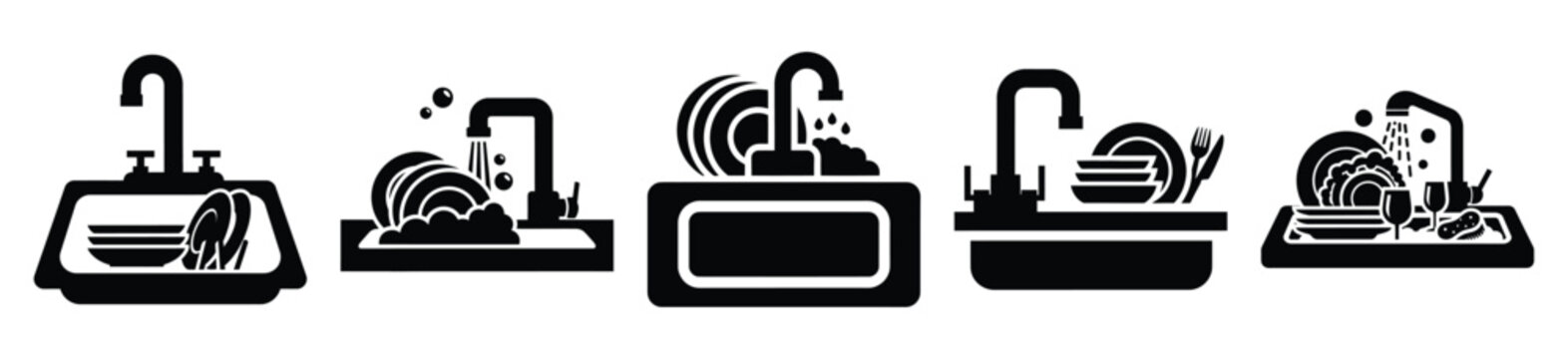 Collection of  sink washing dishes silhouette icon set. cooking vector icons illustration