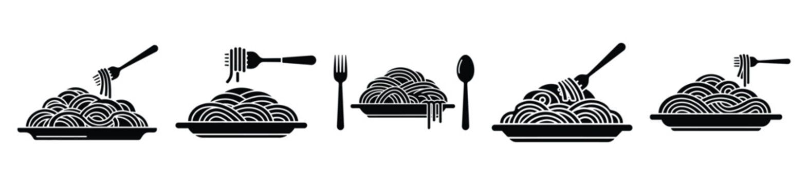 Collection of  spaghetti plate silhouette icon set. cooking vector icons illustration