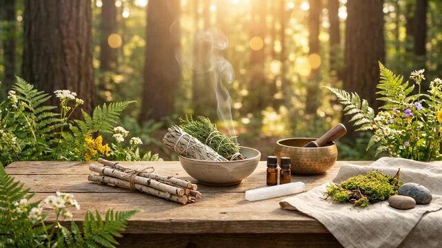 An inviting wooden table set amidst a tranquil forest clearing, adorned with natural elements for spiritual practices.  Evoking a sense of peace and harmony.