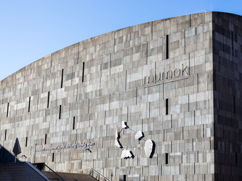 Vienna, Austria, October 16, 2025 - Basalt lava facade of the 2001 Mumok (Museum moderner Kunst Stiftung Ludwig Wien) in the Museums Quartier seen during a sunny afternoon