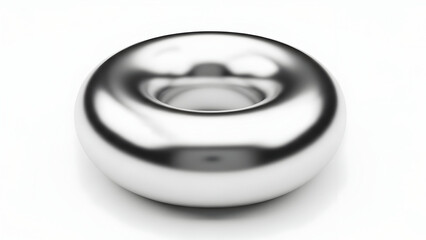 A smooth, reflective, metallic torus shape casting a soft shadow on a white background, representing a minimalist design element