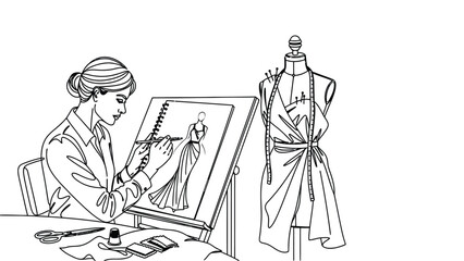 Fashion designer sketching elegant dress in modern studio with tools