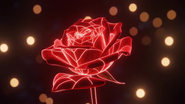 A glowing red rose with neon outlines against a dark background with bokeh lights.