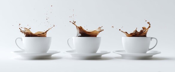 The coffee cups with synchronized coffee splash captured midair on white background