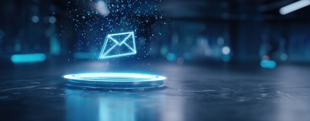 The Holographic Email Icon Floating Above a Futuristic Platform