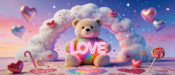 Adorable teddy bear hugs glowing "LOVE" neon sign under fluffy cloud arch with heart balloons, candy canes, lollipops & sparkly confetti in dreamy pink sunset sky