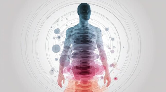 Clean scientific visualization of a human body silhouette surrounded by multi-layered biofield rings in soft lab-style colors, illustrating energy fields, health monitoring and holistic science.
