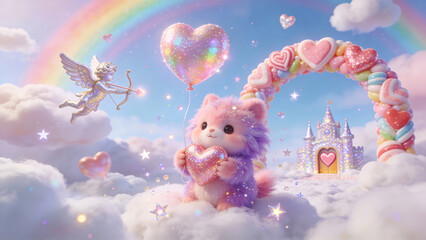 A fluffy pink fox clutches a glittering heart balloon before a candy heart archway to a sparkling castle, as a golden cupid shoots arrows amid rainbows and floating hearts in a dreamy sky