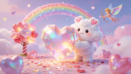 A fluffy white bunny holds a sparkling crystal heart amid candy trees, floating hearts, a rainbow, and a winged cupid in a dreamy pink-purple cloudy sky full of sparkles