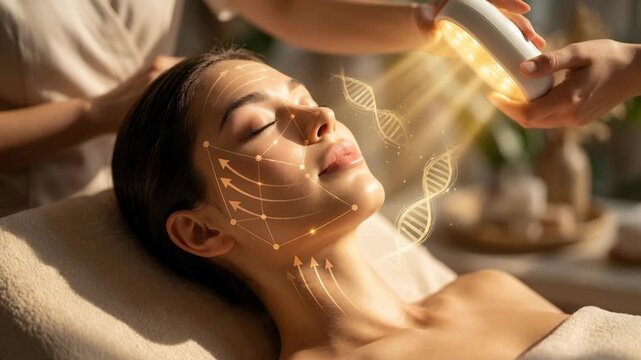 A serene scene of beauty and science, where advanced skincare treatments are shown, showcasing a youthful face undergoing a photorealistic rejuvenation procedure with light beams.
