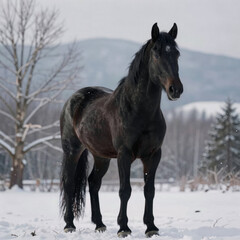 Obraz premium Winter landscape with a black horse