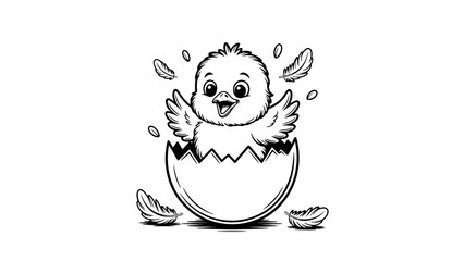 Cute chick hatching from egg with feathers flying around joyful