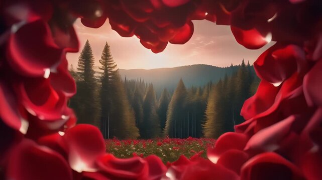 Romantic forest landscape framed by a heart of vibrant red rose petals at sunset